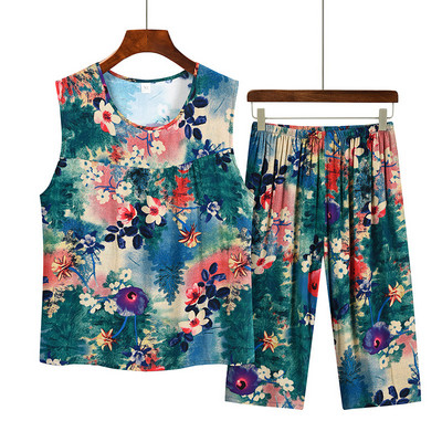 Costum de pijama de vară pentru mamă de vârstă mijlocie din bumbac imprimat, top fără mâneci, pantaloni capri, set din două piese, pijamale pentru femei