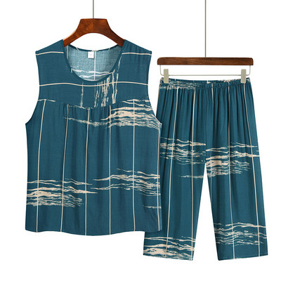 Costum de pijama de vară pentru mamă de vârstă mijlocie din bumbac imprimat, top fără mâneci, pantaloni capri, set din două piese, pijamale pentru femei
