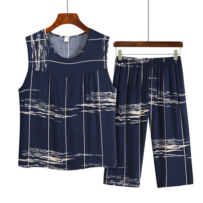 Costum de pijama de vară pentru mamă de vârstă mijlocie din bumbac imprimat, top fără mâneci, pantaloni capri, set din două piese, pijamale pentru femei