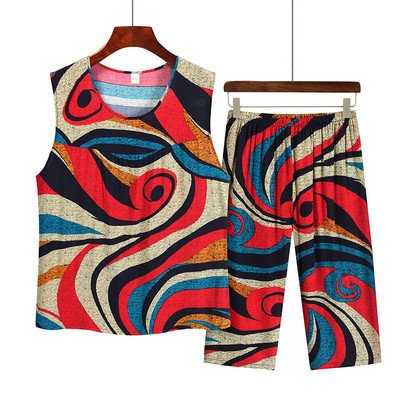 Costum de pijama de vară pentru mamă de vârstă mijlocie din bumbac imprimat, top fără mâneci, pantaloni capri, set din două piese, pijamale pentru femei