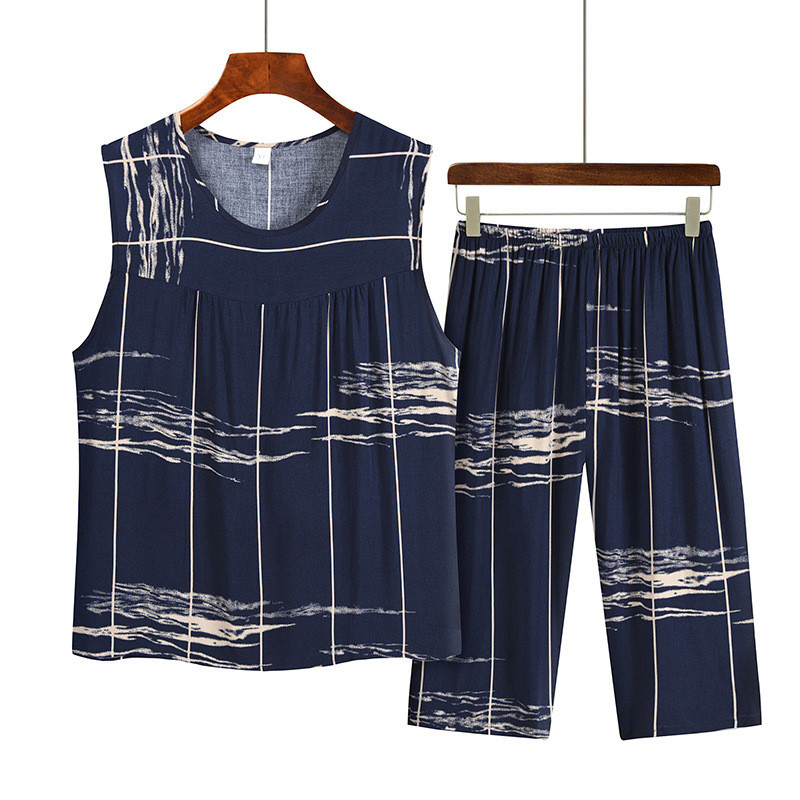 Nyomtatott pamut középkorú anya nyári pizsama öltöny nagymama ujjatlan felső Capri nadrág kétrészes szett női hálóruha pizsama