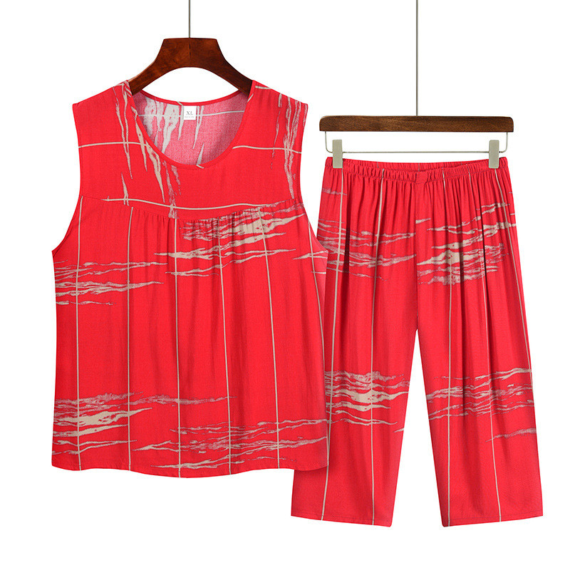 Nyomtatott pamut középkorú anya nyári pizsama öltöny nagymama ujjatlan felső Capri nadrág kétrészes szett női hálóruha pizsama