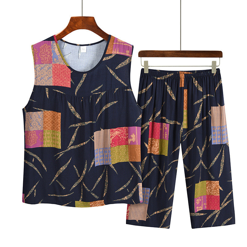 Nyomtatott pamut középkorú anya nyári pizsama öltöny nagymama ujjatlan felső Capri nadrág kétrészes szett női hálóruha pizsama