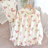 Βαμβακερές γυναικείες πιτζάμες για σπίτι Floral Vintage Sleepwear Μακρυμάνικο Παντελόνι Κοστούμι 2 τεμαχίων Φθινοπωρινό βολάν Κορεατικά νυχτερινά ρούχα