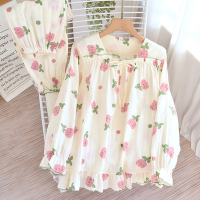 Βαμβακερές γυναικείες πιτζάμες για σπίτι Floral Vintage Sleepwear Μακρυμάνικο Παντελόνι Κοστούμι 2 τεμαχίων Φθινοπωρινό βολάν Κορεατικά νυχτερινά ρούχα