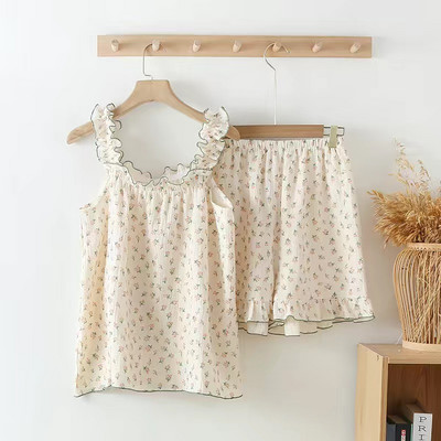 2023 Νέο γυναικείο σετ πιτζάμες από καθαρό βαμβακερό γυναικείο σετ πιτζάμες λουλουδιών κοντό μανίκι+κάπρι δύο τεμαχίων γλυκά έπιπλα σπιτιού