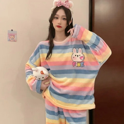 Φθινοπωρινή χειμωνιάτικη ζεστή φανέλα πιτζάμες για γυναίκες φοιτήτριες Χαριτωμένα βελούδινα χοντρά σετ υπνοδωματίων Coral Velvet Κοστούμι οικιακών ρούχων