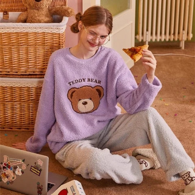 Φθινοπωρινή χειμωνιάτικη ζεστή φανέλα πιτζάμες για γυναίκες φοιτήτριες Χαριτωμένα βελούδινα χοντρά σετ υπνοδωματίων Coral Velvet Κοστούμι οικιακών ρούχων