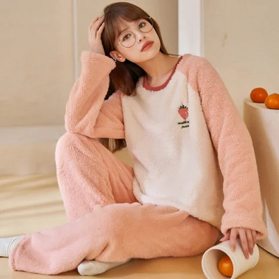 Φθινοπωρινή χειμωνιάτικη ζεστή φανέλα πιτζάμες για γυναίκες φοιτήτριες Χαριτωμένα βελούδινα χοντρά σετ υπνοδωματίων Coral Velvet Κοστούμι οικιακών ρούχων