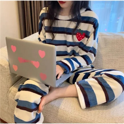 Φθινοπωρινή χειμωνιάτικη ζεστή φανέλα πιτζάμες για γυναίκες φοιτήτριες Χαριτωμένα βελούδινα χοντρά σετ υπνοδωματίων Coral Velvet Κοστούμι οικιακών ρούχων