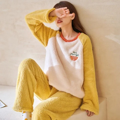 Φθινοπωρινή χειμωνιάτικη ζεστή φανέλα πιτζάμες για γυναίκες φοιτήτριες Χαριτωμένα βελούδινα χοντρά σετ υπνοδωματίων Coral Velvet Κοστούμι οικιακών ρούχων