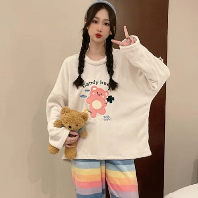 Φθινοπωρινή χειμωνιάτικη ζεστή φανέλα πιτζάμες για γυναίκες φοιτήτριες Χαριτωμένα βελούδινα χοντρά σετ υπνοδωματίων Coral Velvet Κοστούμι οικιακών ρούχων