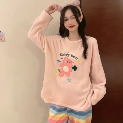 Φθινοπωρινή χειμωνιάτικη ζεστή φανέλα πιτζάμες για γυναίκες φοιτήτριες Χαριτωμένα βελούδινα χοντρά σετ υπνοδωματίων Coral Velvet Κοστούμι οικιακών ρούχων