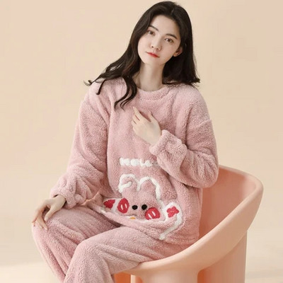 Φθινοπωρινή χειμωνιάτικη ζεστή φανέλα πιτζάμες για γυναίκες φοιτήτριες Χαριτωμένα βελούδινα χοντρά σετ υπνοδωματίων Coral Velvet Κοστούμι οικιακών ρούχων