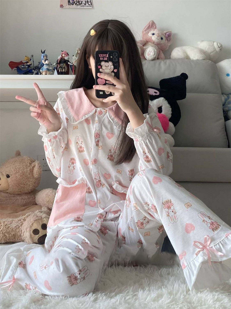 Seturi de 2 piese din bumbac Lenjerie de noapte pentru femei Pijamale cu mâneci cu șireturi Costume cu pantaloni largi Lenjerie de dormit cu imprimeu iepure roz pentru femei