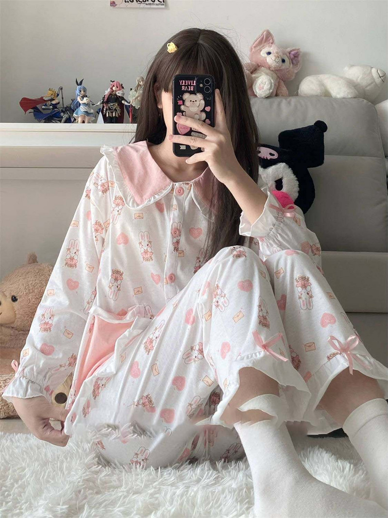 Seturi de 2 piese din bumbac Lenjerie de noapte pentru femei Pijamale cu mâneci cu șireturi Costume cu pantaloni largi Lenjerie de dormit cu imprimeu iepure roz pentru femei