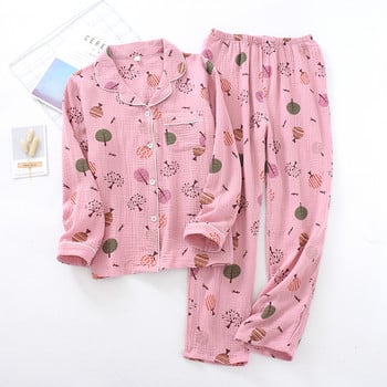 Allover Leaf print Βαμβακερό νήμα κιμονό πιτζάμες Cute Cartoon Mujer Loungear Γυναικεία 2 τεμάχια Πυζά μανίκια