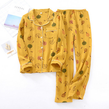 Allover Leaf print Βαμβακερό νήμα κιμονό πιτζάμες Cute Cartoon Mujer Loungear Γυναικεία 2 τεμάχια Πυζά μανίκια