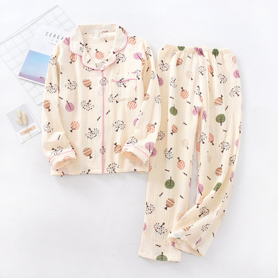 Allover Leaf print Βαμβακερό νήμα κιμονό πιτζάμες Cute Cartoon Mujer Loungear Γυναικεία 2 τεμάχια Πυζά μανίκια