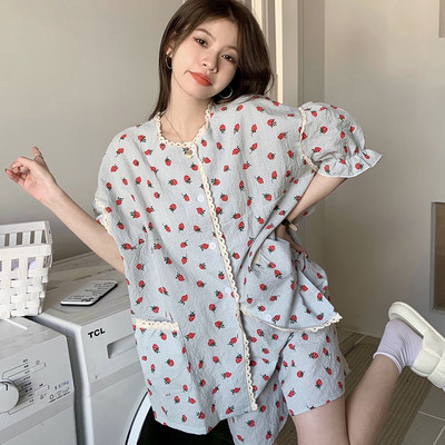 Καλοκαιρινά φαρδιά σετ πιτζάμες Γυναικεία κοντομάνικα Sweet Strawberry Chic Print Aesthetic Φοιτητικός Κοιτώνας Πυτζάμες Δημοφιλείς 2 τμχ