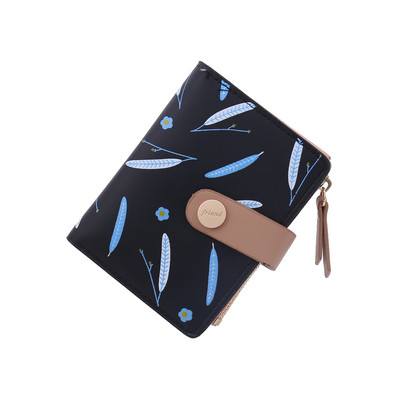 Κοντό πορτοφόλι Γυναικείο φύλλο εκτύπωσης Μαλακό PU Δερμάτινο γυναικείο συμπλέκτη Πόρπη θήκης πιστωτικής κάρτας Διπλό γυναικείο τσαντάκι με κέρματα Πορτοφόλια με χρήματα