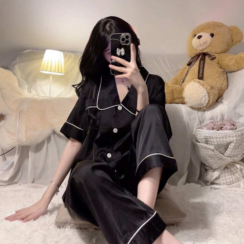 2023 pijamale femei primăvară vară noua modă simplă pijamale cu revere pijamale din mătase pantaloni cu mâneci scurte pantaloni set pijamale femei