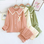 Άνοιξη και καλοκαίρι νέο ιαπωνικό κιμονό σετ δύο τεμαχίων γυναικεία 100% βαμβακερή κρεπ πιτζάμες μακρυμάνικο παντελόνι σετ φαρδιά οικιακή ένδυση