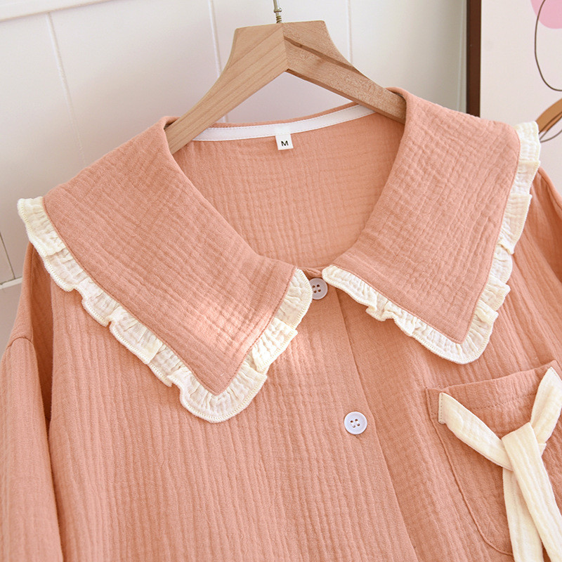 Άνοιξη και καλοκαίρι νέο ιαπωνικό κιμονό σετ δύο τεμαχίων γυναικεία 100% βαμβακερή κρεπ πιτζάμες μακρυμάνικο παντελόνι σετ φαρδιά οικιακή ένδυση