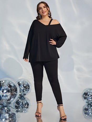 Προσθέστε Κομψό Plus Size Solid Peplum Top Leggings Set