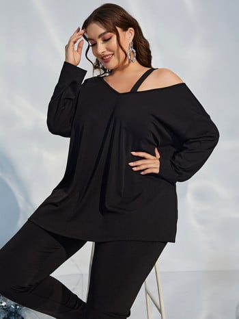 Προσθέστε Κομψό Plus Size Solid Peplum Top Leggings Set