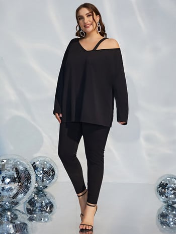 Προσθέστε Κομψό Plus Size Solid Peplum Top Leggings Set