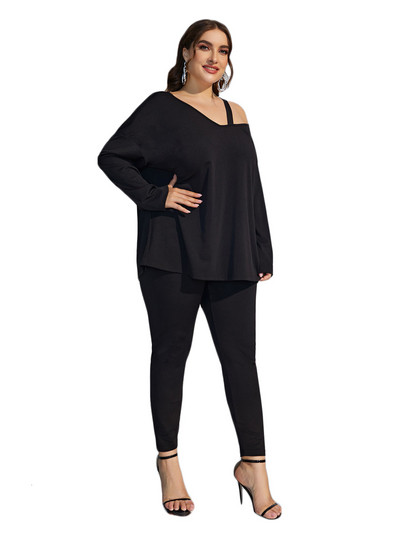 Προσθέστε Κομψό Plus Size Solid Peplum Top Leggings Set