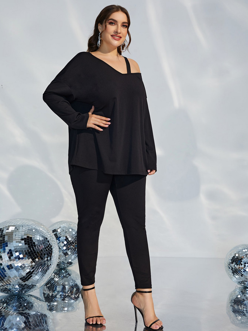 Προσθέστε Κομψό Plus Size Solid Peplum Top Leggings Set