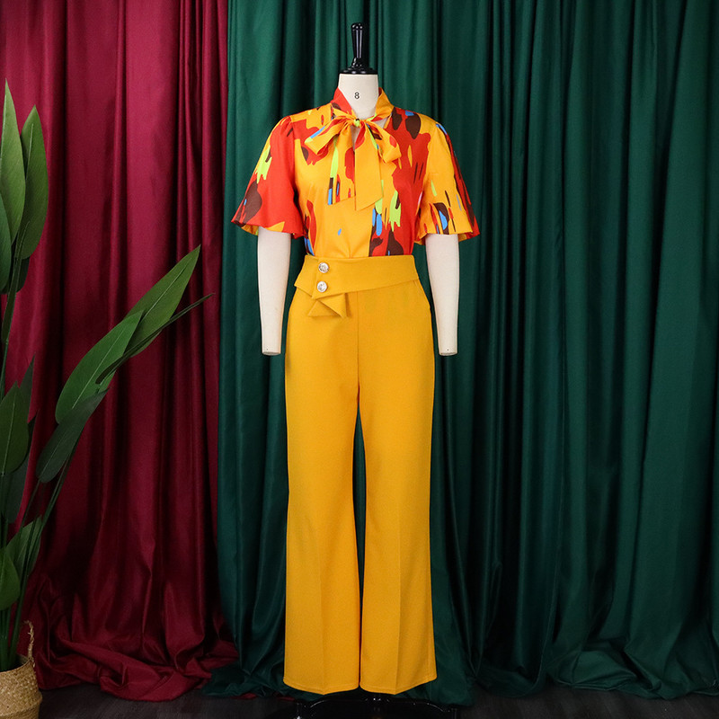 Floral print πουκάμισα και παντελόνια ασορτί σετ για γυναίκες, μπλουζάκια σε μεγάλο μέγεθος, ψηλόμεσο παντελόνι, γραφείο Lady, 5XL