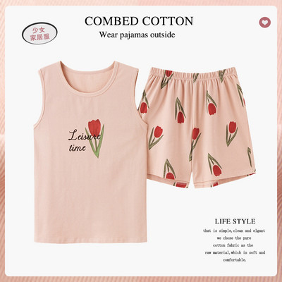 Pijamale pentru femei Lenjerie de dormit solidă de vară Set de pijamale din bumbac Pantaloni scurți cu maiou Set de lenjerie intimă moale fără mâneci