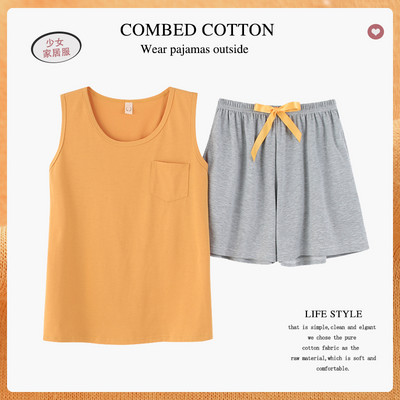 Pijamale pentru femei Lenjerie de dormit solidă de vară Set de pijamale din bumbac Pantaloni scurți cu maiou Set de lenjerie intimă moale fără mâneci