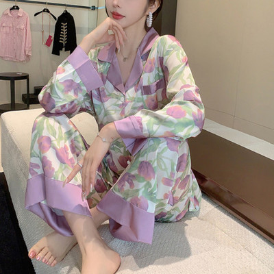 Γυναικείες πιτζάμες Σετ μακρυμάνικο παντελόνι Πιτζάμες από παγωμένο μεταξωτό σατέν μόδα Γυναικεία casual κορίτσια Νυχτικά πιτζάμες