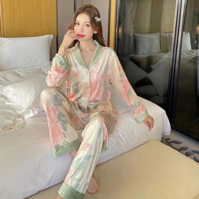 Γυναικείες πιτζάμες Σετ μακρυμάνικο παντελόνι Πιτζάμες από παγωμένο μεταξωτό σατέν μόδα Γυναικεία casual κορίτσια Νυχτικά πιτζάμες