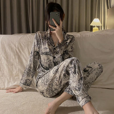 Set de pijamale 2 piese pentru femei Pijama florală Pijama din satin de mătase artificială Lenjerie de dormit pentru femeie cu mânecă lungă, cămașă cu rever, pantaloni, costume pentru acasă