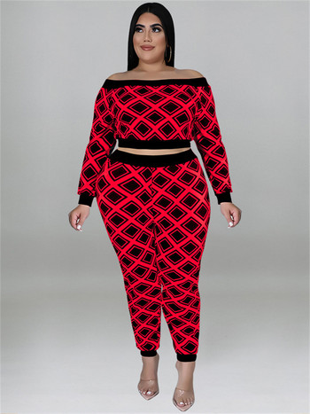 Plus Size Two Piece Outfits Γυναικεία Φθινοπωρινά Ρούχα Καρό Εκτύπωση Τοπ και παντελόνια Σετ casual matching Who 3xl 4xl 5xl 6xl