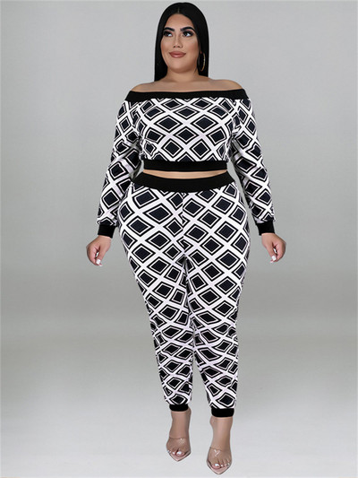 Suures suuruses kaheosalised kostüümid naiste sügisriided, ruuduline prinditud topp ja püksid komplektid vabaaja sobitamisega komplekt Who 3xl 4xl 5xl 6xl