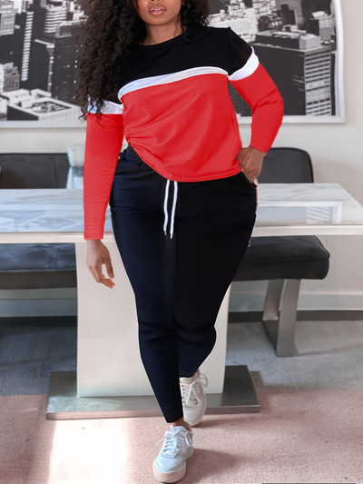 Σετ παντελόνι με κορδόνια ριγέ συνονθύλευμα μεγέθους LW Plus Σετ φθινοπωρινά και χειμερινά έγχρωμα αθλητικά μπλουζάκια με στρογγυλή λαιμόκοψη + κοστούμια παντελονιών