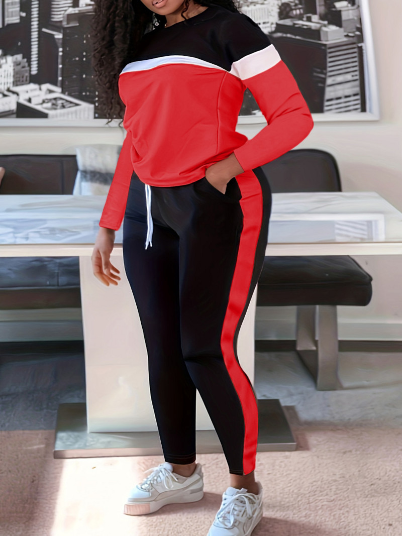 Σετ παντελόνι με κορδόνια ριγέ συνονθύλευμα μεγέθους LW Plus Σετ φθινοπωρινά και χειμερινά έγχρωμα αθλητικά μπλουζάκια με στρογγυλή λαιμόκοψη + κοστούμια παντελονιών