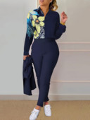 Dámske elegantné nohavice s dlhým rukávom a golierom LW Plus Size, kvetinová potlač, bežný strih