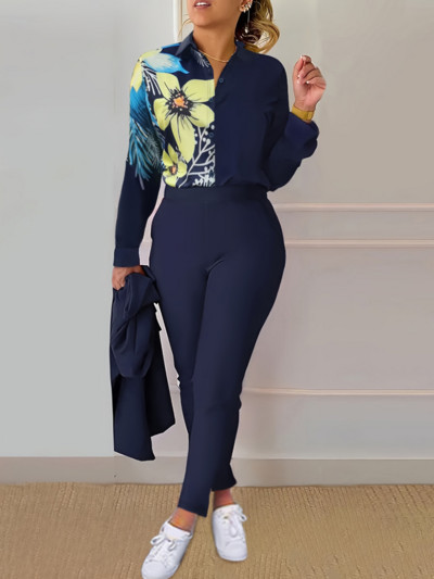 Dámske elegantné nohavice s dlhým rukávom a golierom LW Plus Size, kvetinová potlač, bežný strih