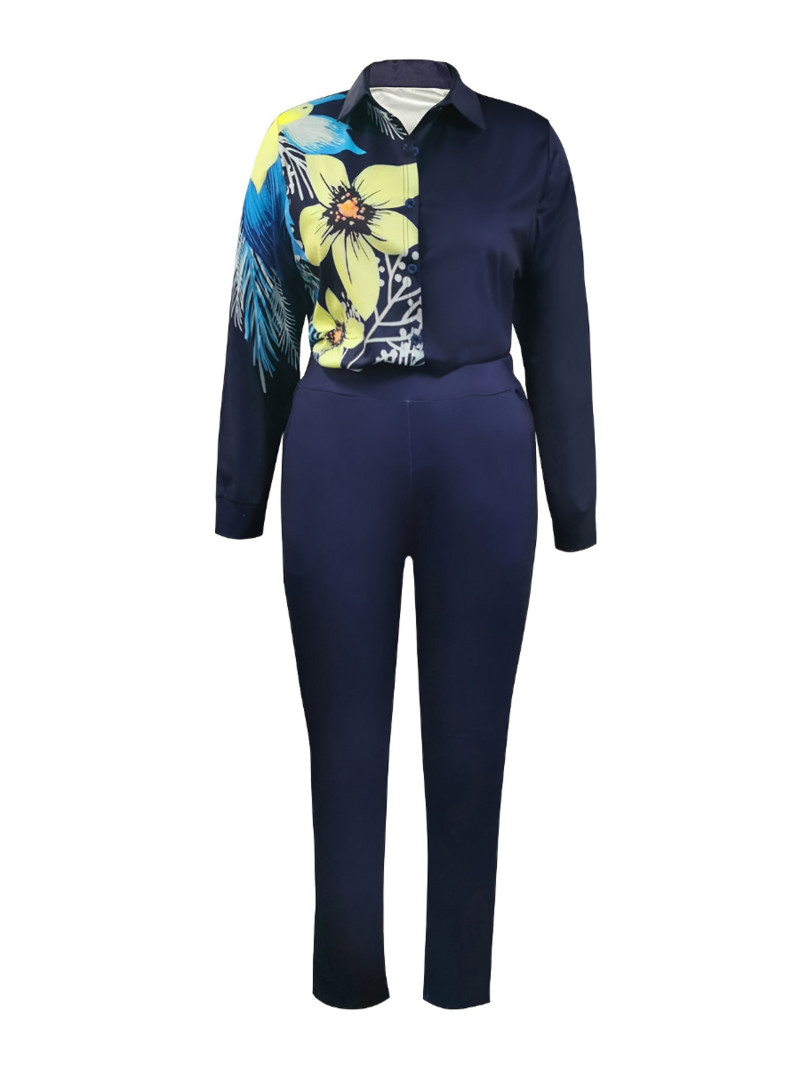 Dámske elegantné nohavice s dlhým rukávom a golierom LW Plus Size, kvetinová potlač, bežný strih