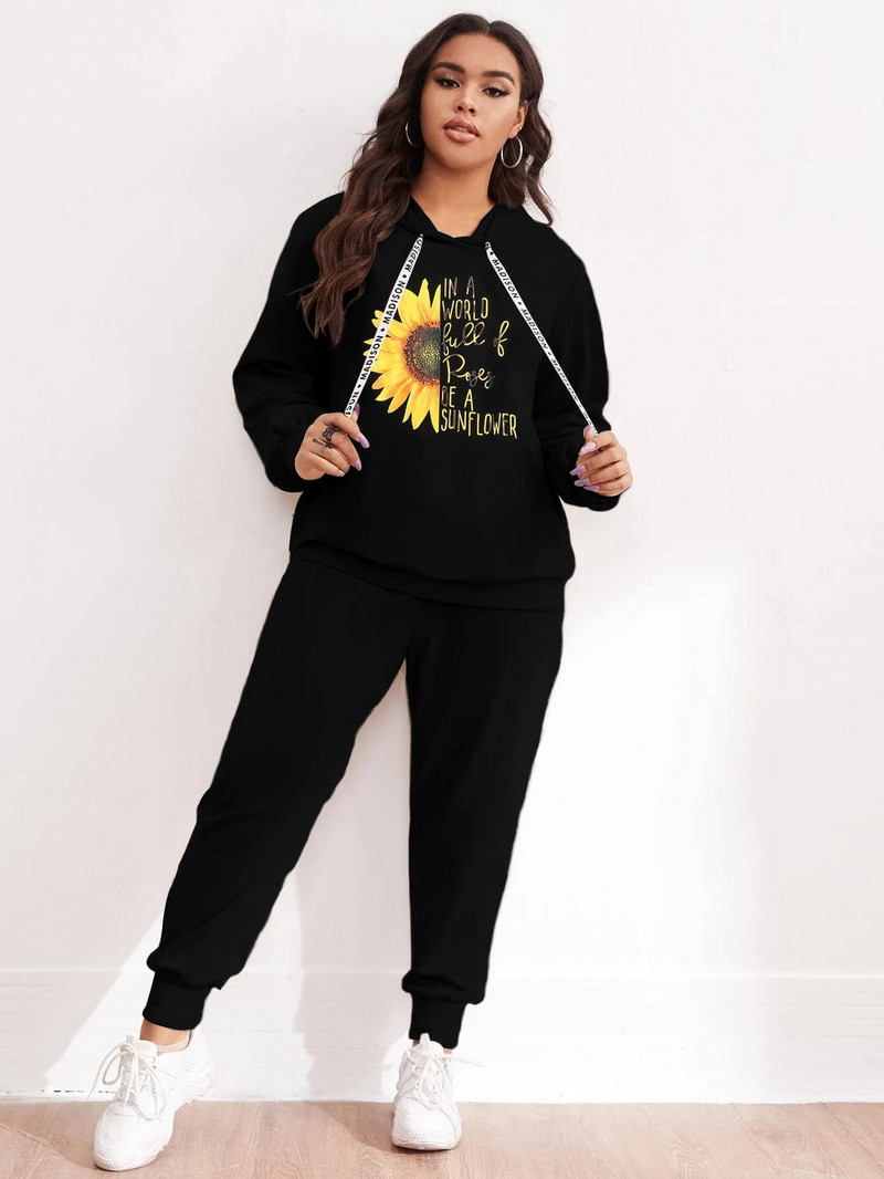 Finjani suures suuruses naiste ülikonnakomplekt päevalill ja loosung Graafiline pingutusnööriga termovoodriga kapuuts vabaajarõivad sügiseks, uus