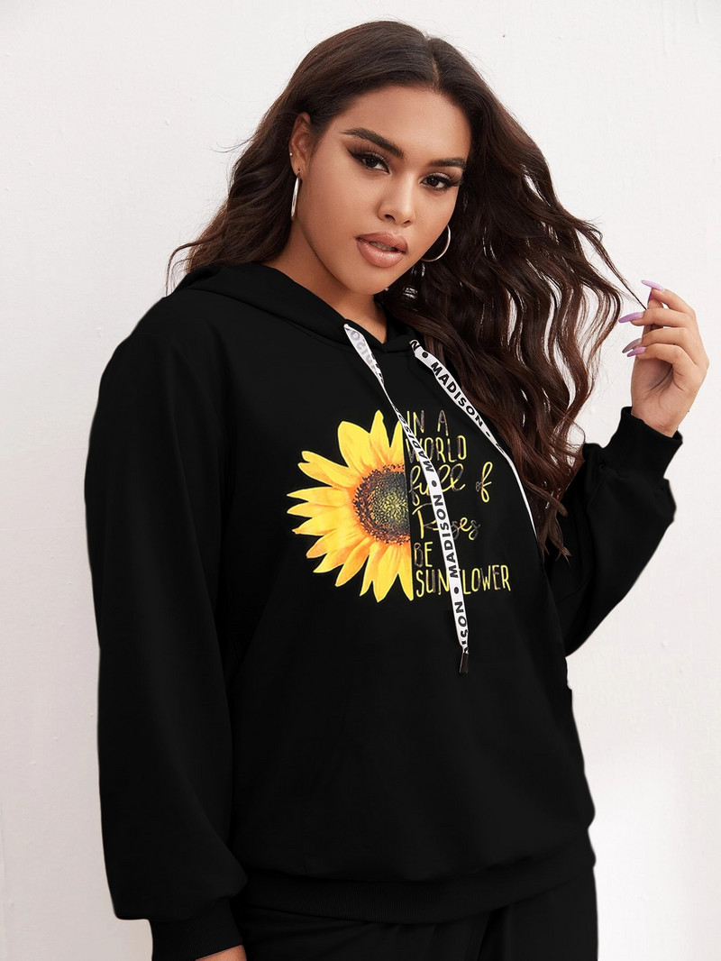 Finjani suures suuruses naiste ülikonnakomplekt päevalill ja loosung Graafiline pingutusnööriga termovoodriga kapuuts vabaajarõivad sügiseks, uus