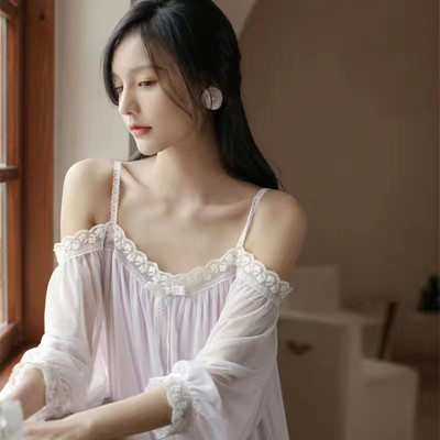 Cămașă de noapte pentru femeie, primăvară, vară, mâneci lungi, dantelă sexuală, cu decolteu în V, cămăși de noapte pentru femei, haine de acasă în stil prințesă