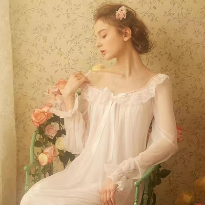 Cămașă de noapte pentru femeie, primăvară, vară, mâneci lungi, dantelă sexuală, cu decolteu în V, cămăși de noapte pentru femei, haine de acasă în stil prințesă